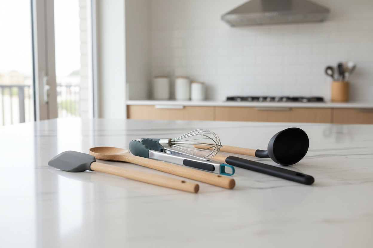 Modern silicone kitchen utensils set with spatula, spoon, tongs and whisk on marble counter