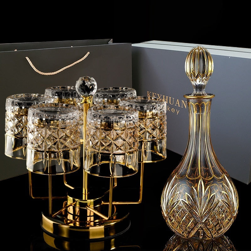 Luxury Gold Whiskey Shot Glass Wine Bottle Stainless Steel Rotating Cup Holder Gift Set Crystal Glass Wine Glass