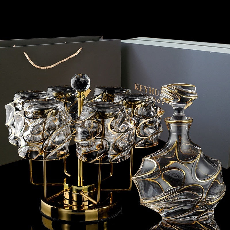 Luxury Gold Whiskey Shot Glass Wine Bottle Stainless Steel Rotating Cup Holder Gift Set Crystal Glass Wine Glass